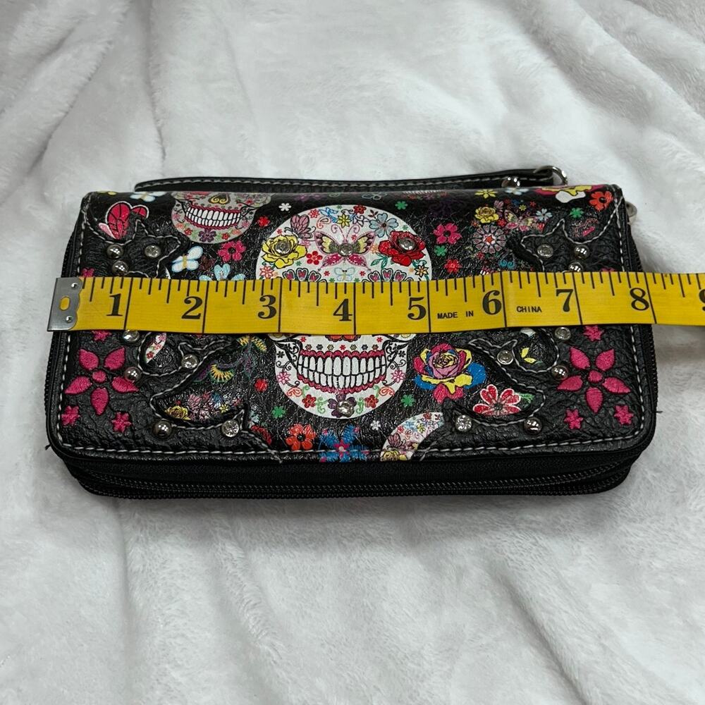 Sugar Skull Floral Zip-Around Wristlet Clutch – Boho Goth Style - Picture 7 of 12